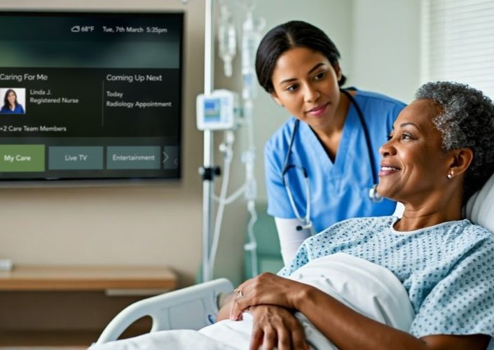 A female nurse looks over an and elderly Black female patient in a hospital bed, in the background is SONIFI Health's interactive TV with a new user experience